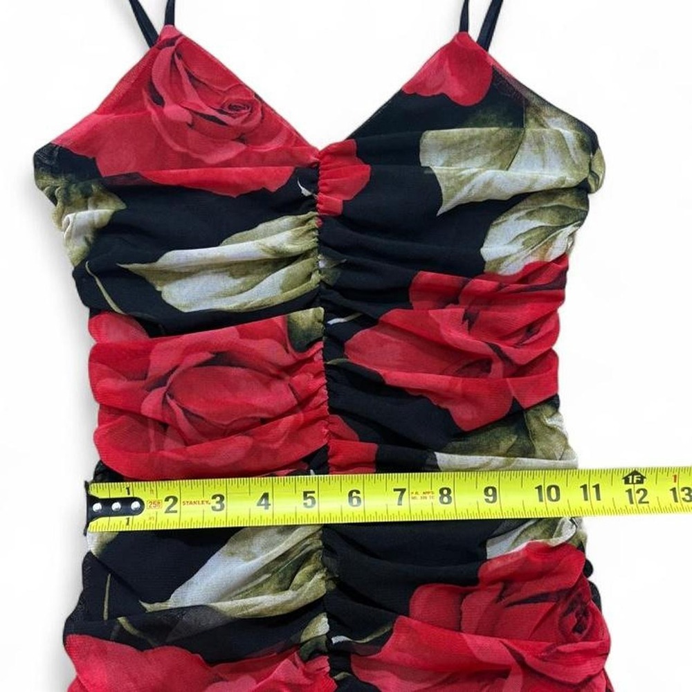 Y2K Ruffle Mini Dress Romantic Coquette Party Leyva's USA Rose Print Ruched S - Picture 6 of 8